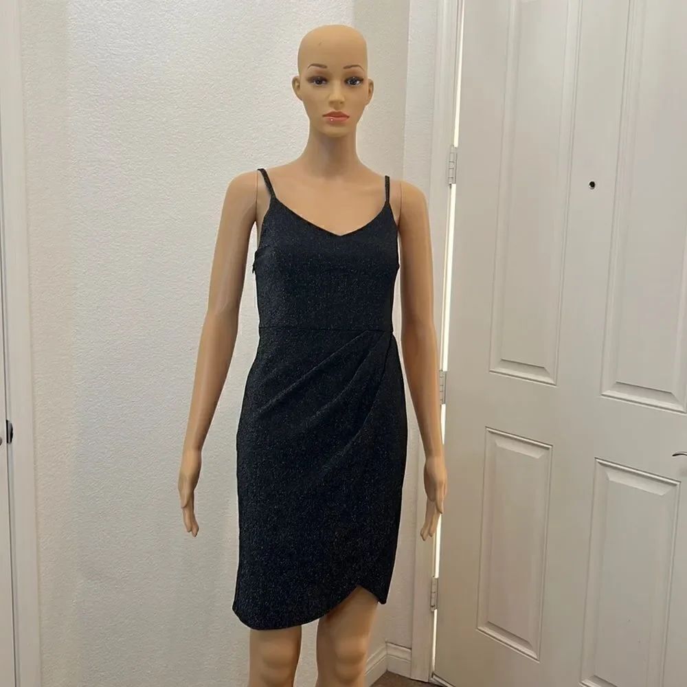 Zalalus Dress Small Metallic Faux Wrap Spaghetti Strap Sleeveless Black Silver